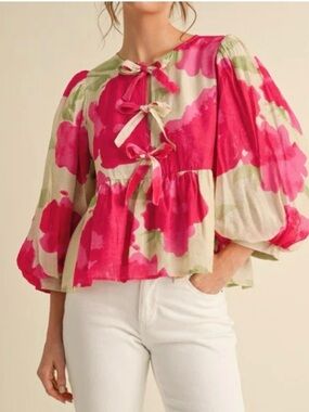 JODIFL / Sweet Reminder Pink Floral Tie-Front Puff Sleeve Blouse